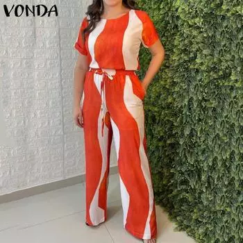VONDA женский полосатый топ с коротким рукавом, длинные брюки, комплект из двух предметов, повседневная блузка, брюки 2XL чёрный