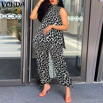 VONDA женский свободный топ и брюки без рукавов большого размера с воротником-стойкой и принтом, комплект из двух предметов