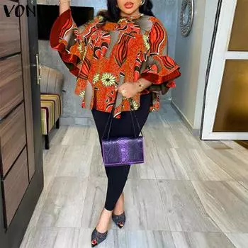 VONDA Женский свободный топ и брюки большого размера с круглым вырезом, расклешенным длинным рукавом и принтом в стиле пэчворк