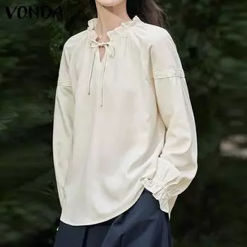 VONDA Женский топ с v-образным вырезом и галстуком-бабочкой, кружевной вырез, заниженная линия плеч, длинный рукав, топ с длинным рукавом