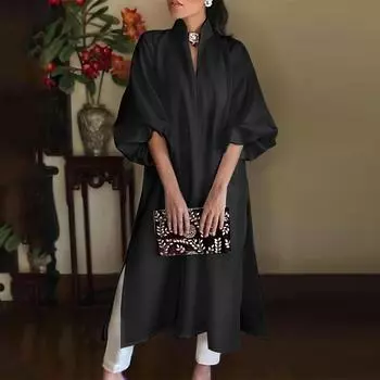 VONDA Женское элегантное однотонное свободное платье-рубашка с длинным рукавом А-силуэта чёрный