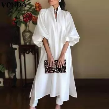 VONDA Женское элегантное однотонное свободное платье-рубашка с длинным рукавом А-силуэта S чёрный