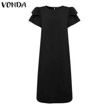 VONDA Женское элегантное платье с оборками, короткими рукавами, однотонное, повседневное, длинное S