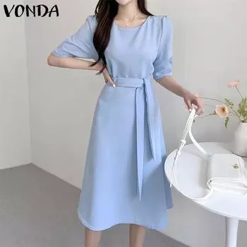 VONDA женское элегантное платье с пышным рукавом и круглым вырезом с поясом
