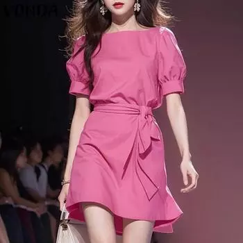 VONDA Женское элегантное платье-трапеция с круглым вырезом и короткими рукавами