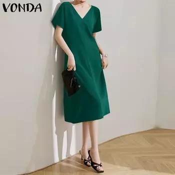 VONDA женское элегантное свободное платье миди с коротким рукавом и V-образным вырезом