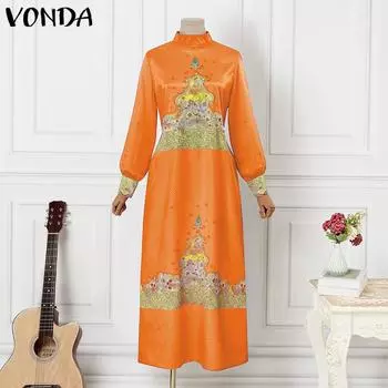 VONDA женское атласное прямое свободное длинное платье больших размеров с воротником-стойкой и длинным рукавом с цветочным принтом