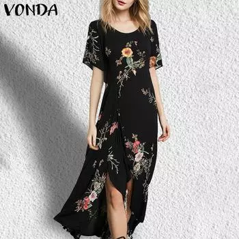 VONDA женское черное длинное платье с коротким рукавом и цветочным принтом