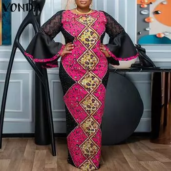 Женское кружевное длинное платье больших размеров с круглым вырезом и длинными рукавами M