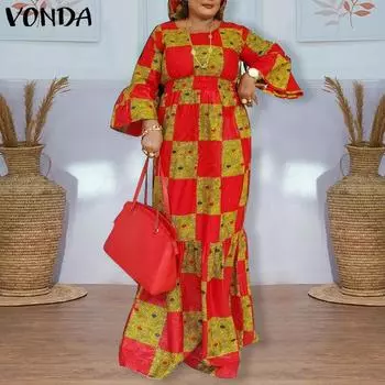 VONDA женское длинное платье больших размеров с круглым вырезом и длинными рукавами в стиле пэчворк с рюшами и геометрическим подолом