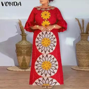 VONDA Женское длинное платье больших размеров с круглым вырезом и расклешенными рукавами, атласное длинное платье с геометрическим принтом