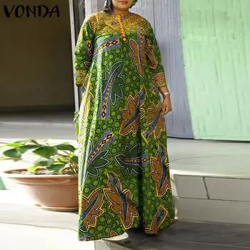 VONDA женское длинное платье больших размеров с круглым вырезом и рукавами 3/4 и цветочным принтом на пуговицах