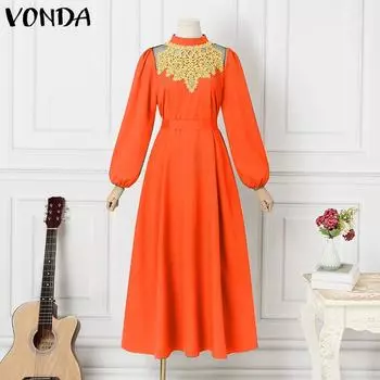 VONDA женское длинное платье большого размера с воротником-стойкой и длинным рукавом в стиле пэчворк с поясом и принтом