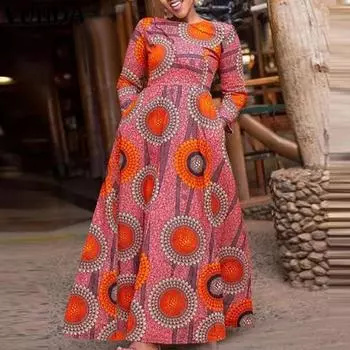 VONDA женское длинное платье трапециевидной формы больших размеров с круглым вырезом и длинными рукавами с геометрическим принтом