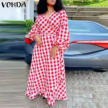 VONDA женское длинное платье в клетку с V-образным вырезом и шнуровкой, большие размеры