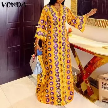 VONDA Женское длинное свободное платье больших размеров с V-образным вырезом и длинным рукавом с принтом