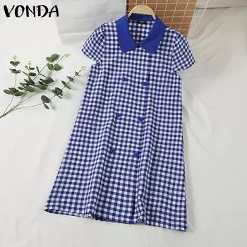 VONDA Женское летнее клетчатое платье с отворотом и коротким рукавом S темно-синий