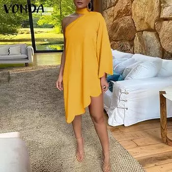 VONDA Женское летнее модное сексуальное плиссированное асимметричное одно плечо с длинными рукавами, однотонное свободное короткое платье