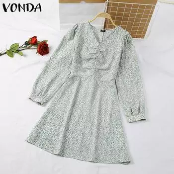VONDA женское летнее модное свободное платье с v-образным вырезом и длинными рукавами и принтом на талии