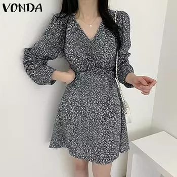 VONDA женское летнее модное свободное платье с v-образным вырезом и длинными рукавами и принтом на талии