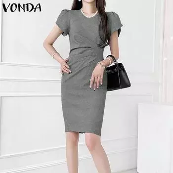 VONDA женское летнее однотонное элегантное платье с круглым вырезом и лепестками, с короткими рукавами и талией, с мышцами