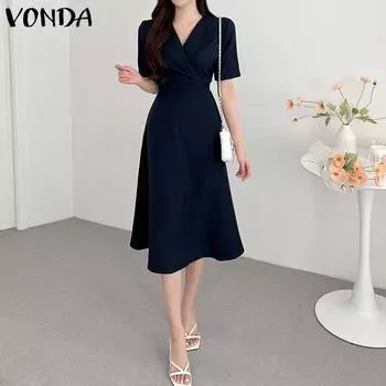VONDA женское летнее однотонное длинное платье трапециевидной формы с короткими рукавами и лацканами