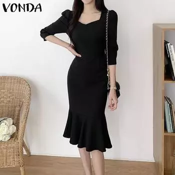 VONDA женское летнее однотонное длинное платье трапециевидной формы с воротником-сердечком и рукавами 3/4 на талии