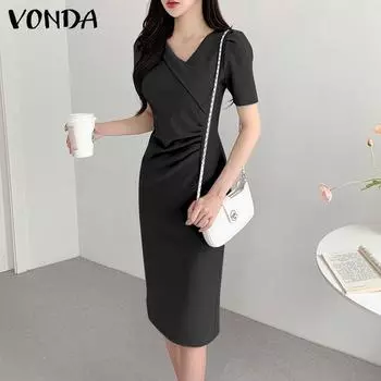 VONDA женское летнее однотонное длинное платье с v-образным вырезом и короткими рукавами, плиссированной талией 5XL чёрный