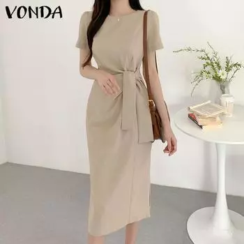 VONDA женское летнее однотонное длинное платье с круглым вырезом и короткими рукавами на бретельках