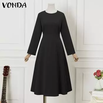 VONDA женское летнее однотонное длинное платье А-типа с круглым вырезом и длинными рукавами
