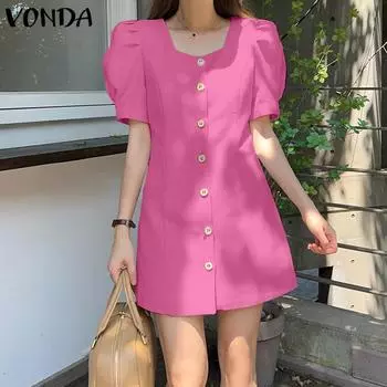 VONDA женское летнее однотонное короткое платье с квадратным вырезом и короткими рукавами и пуговицами на талии