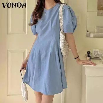 VONDA женское летнее однотонное короткое платье трапециевидной формы с круглым вырезом и коротким рукавом