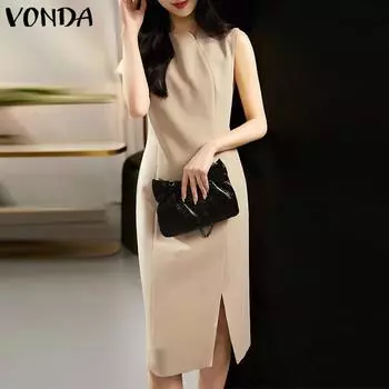 VONDA женское летнее однотонное платье миди без рукавов с круглым вырезом и талией