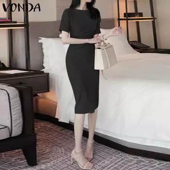 VONDA женское летнее однотонное платье миди с круглым вырезом и короткими рукавами и талией с разрезом 5XL бежевый