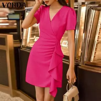 VONDA женское летнее однотонное платье с v-образным вырезом и короткими рукавами, плиссированной талией и рюшами 5XL ярко-розовый