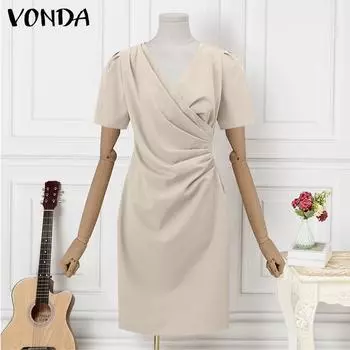 VONDA женское летнее однотонное платье средней длины с v-образным вырезом и короткими рукавами, плиссированной талией 5XL розовый