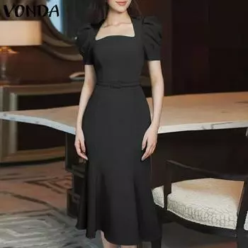 VONDA женское летнее однотонное платье средней длины с квадратным вырезом и короткими рукавами и поясом