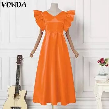 VONDA женское летнее однотонное платье трапециевидной формы большого размера с v-образным вырезом и рюшами без рукавов
