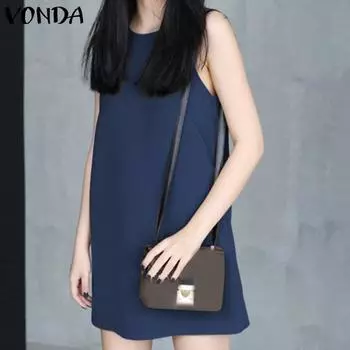 VONDA женское летнее однотонное свободное короткое платье без рукавов с круглым вырезом 5XL ярко-розовый