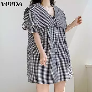 VONDA женское летнее однотонное свободное платье в клетку с короткими рукавами и лацканами А-типа