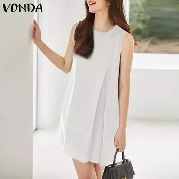 VONDA женское летнее однотонное свободное платье без рукавов с круглым вырезом и прямым топом на бретелях