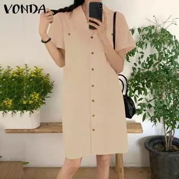 VONDA женское летнее однотонное свободное платье с открытой планкой и короткими рукавами