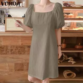 VONDA женское летнее однотонное свободное платье с квадратным вырезом и короткими рукавами
