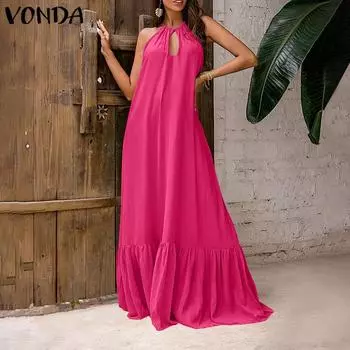 VONDA женское летнее однотонное свободное платье без рукавов с круглым вырезом и рюшами