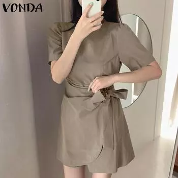 VONDA женское летнее однотонное свободное платье с круглым вырезом и короткими рукавами и разрезом