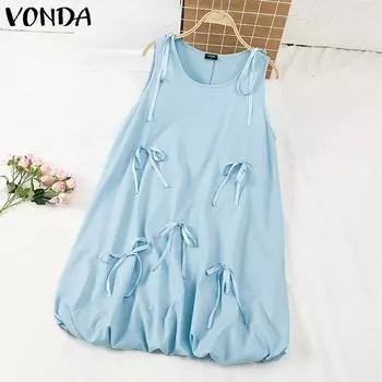 VONDA Женское летнее платье без рукавов с круглым вырезом и завязками в складку 4XL