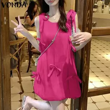 VONDA Женское летнее платье без рукавов с круглым вырезом и завязкой 4XL