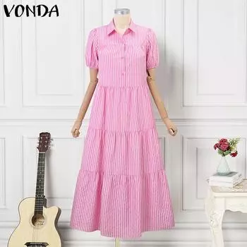 VONDA женское летнее платье больших размеров с рубашкой и воротником-буфом в полоску с короткими рукавами и поясом M розовый