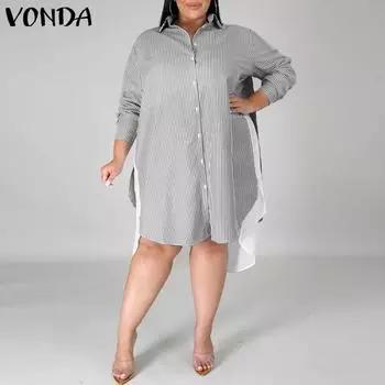 VONDA женское летнее платье больших размеров с рубашечным воротником и длинными рукавами на пуговицах, полосатое платье