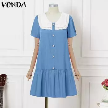 VONDA Женское летнее платье длиной до бедра с коротким рукавом и оборками на подоле из денима синего цвета S синий